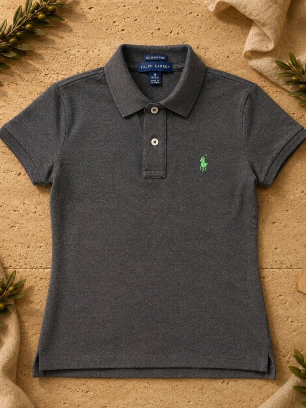 Ralph Lauren Skinny Fit Polo Grey Cotton Y2K Preppy Green Pony Logo